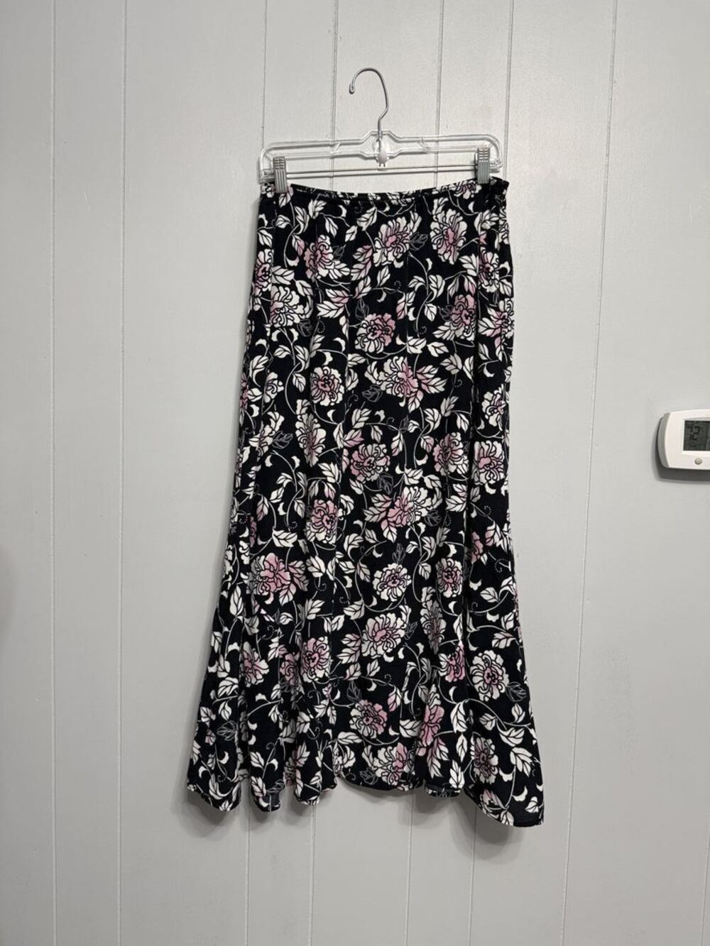 Vintage Bechamel Black Floral Rayon Maxi Skirt Size 16